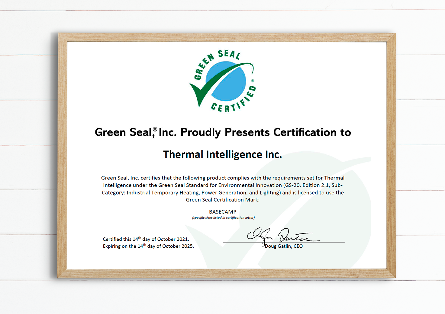 BASECAMP Awarded Green Seal Certification Thermal Intelligence